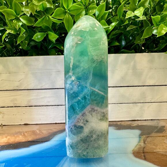 Feather Fluorite Polished Tower 640g 140mm Mexico Crystal Display - Picture 2 of 3